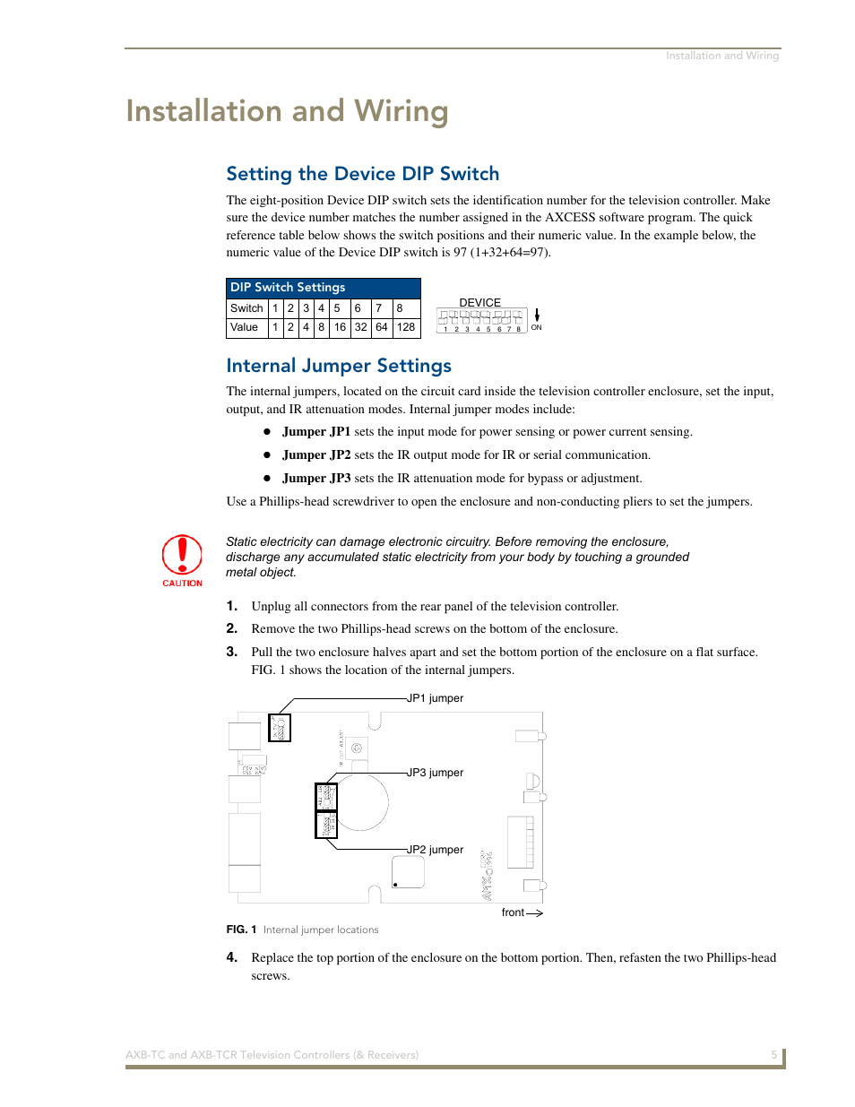 Installation and wiring, Setting the device dip switch, Internal jumper settings | AMX AXB-TCR User Manual | Page 9 / 28