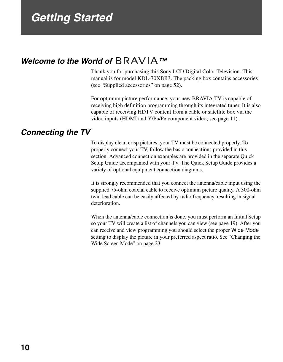 Getting started, Welcome to the world of, Connecting the tv | Sony KDL-70XBR3 User Manual | Page 10 / 56