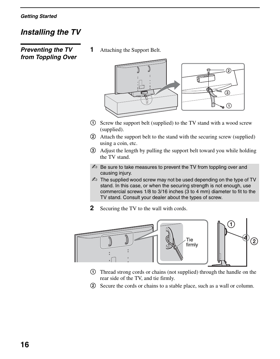 Installing the tv, Preventing the tv from toppling over, 16 installing the tv | Sony KDL-70XBR3 User Manual | Page 16 / 56