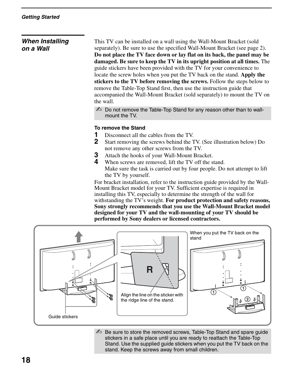 When installing on a wall | Sony KDL-70XBR3 User Manual | Page 18 / 56