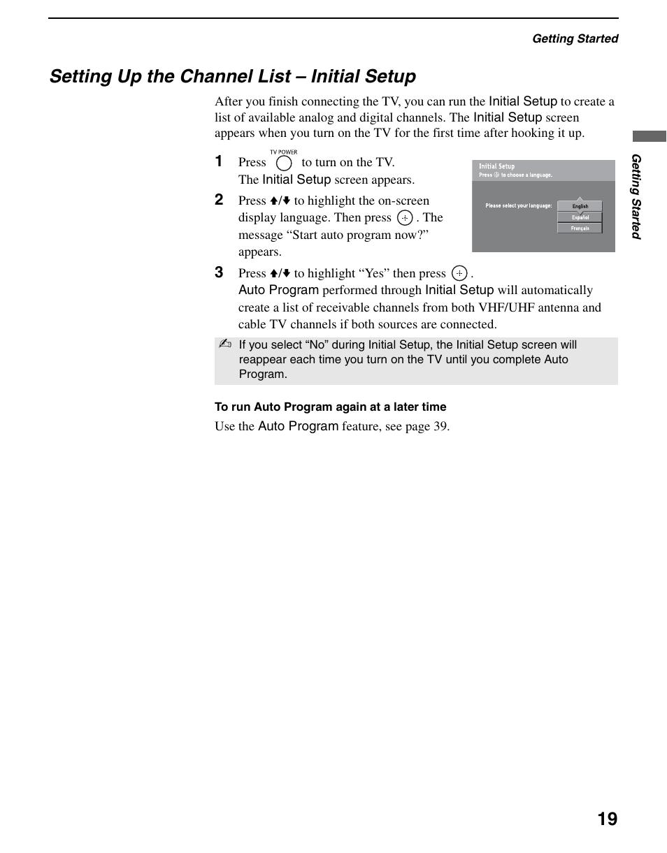 Setting up the channel list - initial setup, Setting up the channel list – initial setup | Sony KDL-70XBR3 User Manual | Page 19 / 56