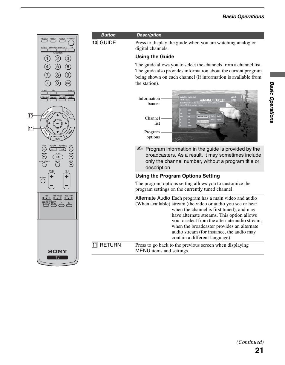 Continued), Basic operations, Ba sic op er atio ns | Sony KDL-70XBR3 User Manual | Page 21 / 56