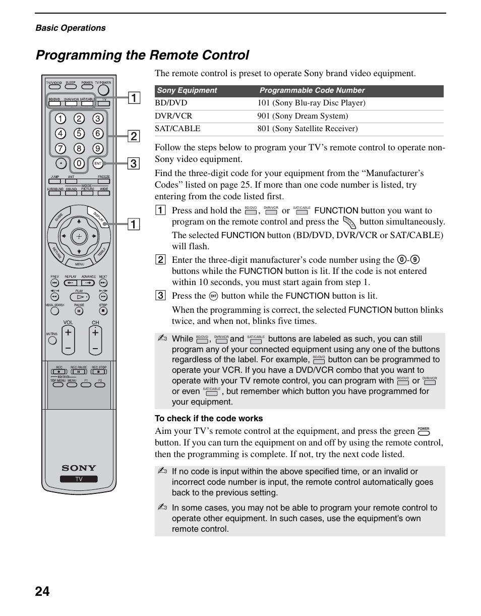 Programming the remote control, 24 programming the remote control | Sony KDL-70XBR3 User Manual | Page 24 / 56