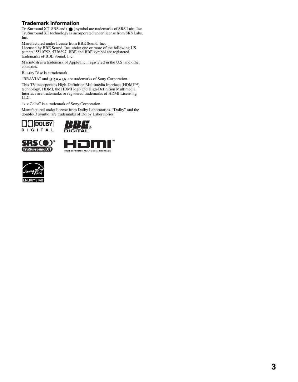 Sony KDL-70XBR3 User Manual | Page 3 / 56