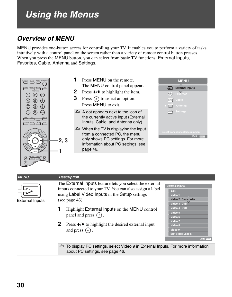 Using the menus, Overview of menu, Press v/v to highlight the item | Press to select an option. press menu to exit, External inputs | Sony KDL-70XBR3 User Manual | Page 30 / 56