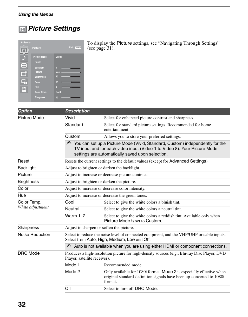 Picture settings, S 32, 32 picture settings | Sony KDL-70XBR3 User Manual | Page 32 / 56