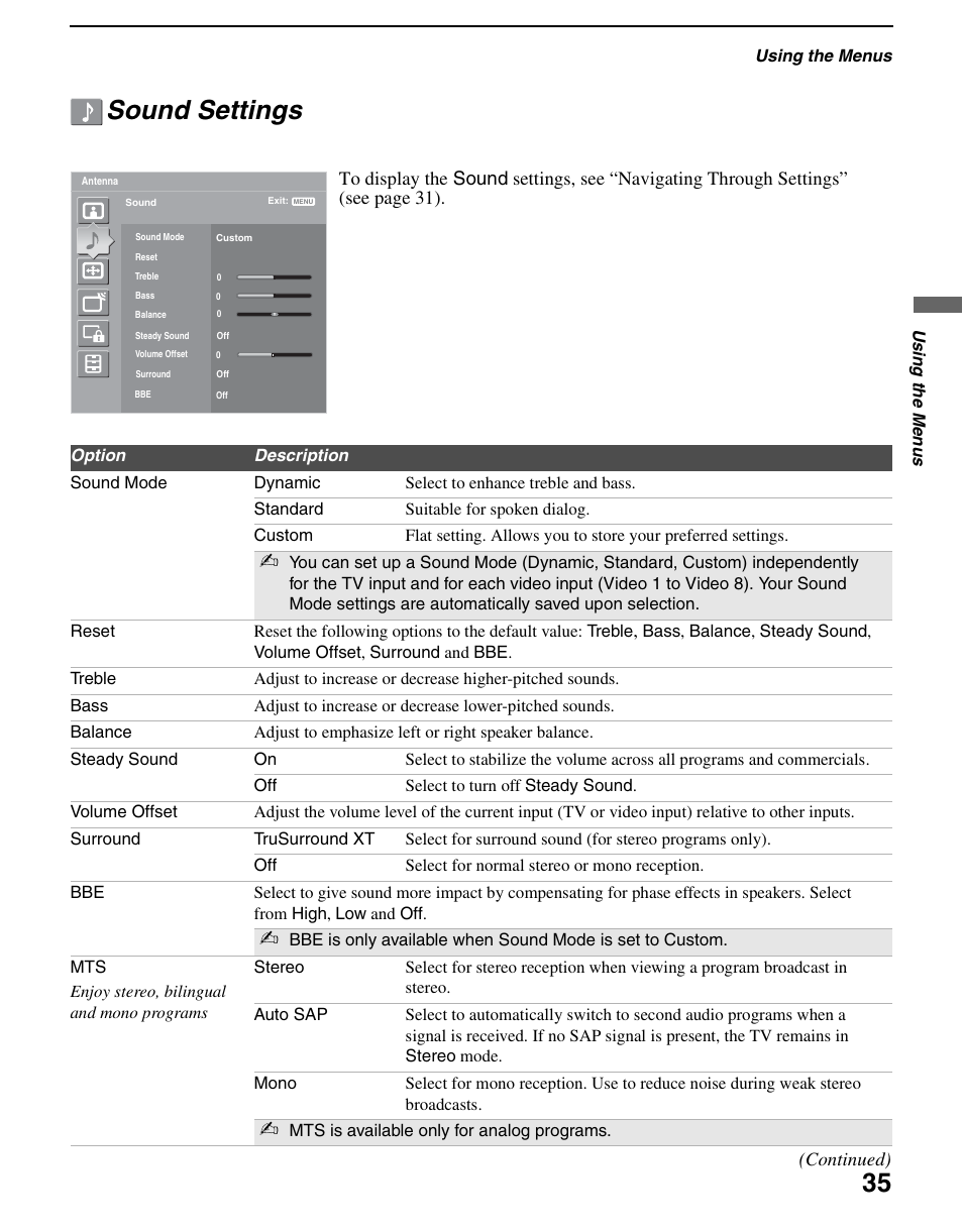 Sound settings | Sony KDL-70XBR3 User Manual | Page 35 / 56