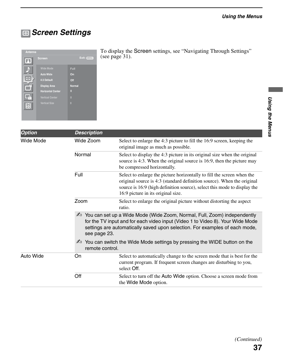 Screen settings | Sony KDL-70XBR3 User Manual | Page 37 / 56