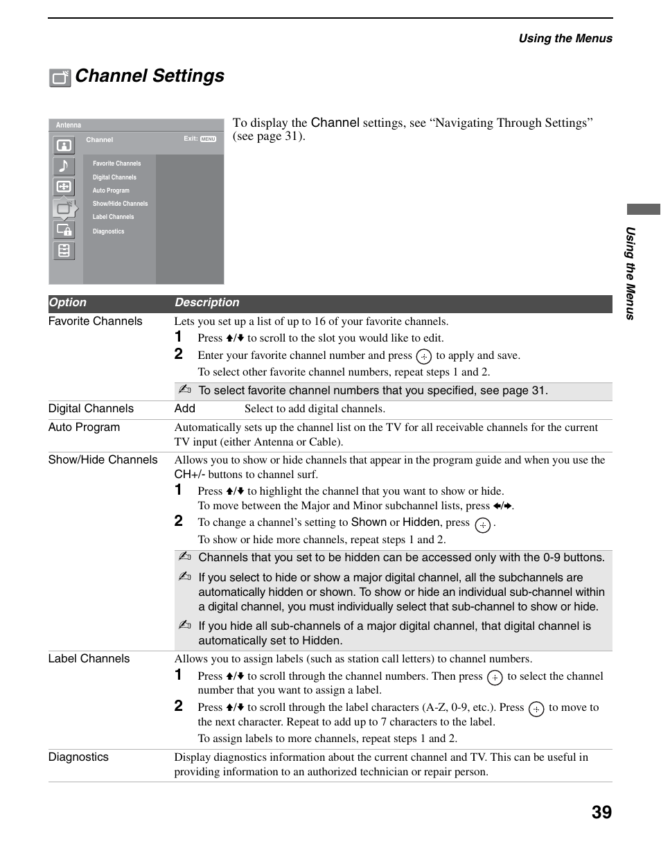 Channel settings | Sony KDL-70XBR3 User Manual | Page 39 / 56