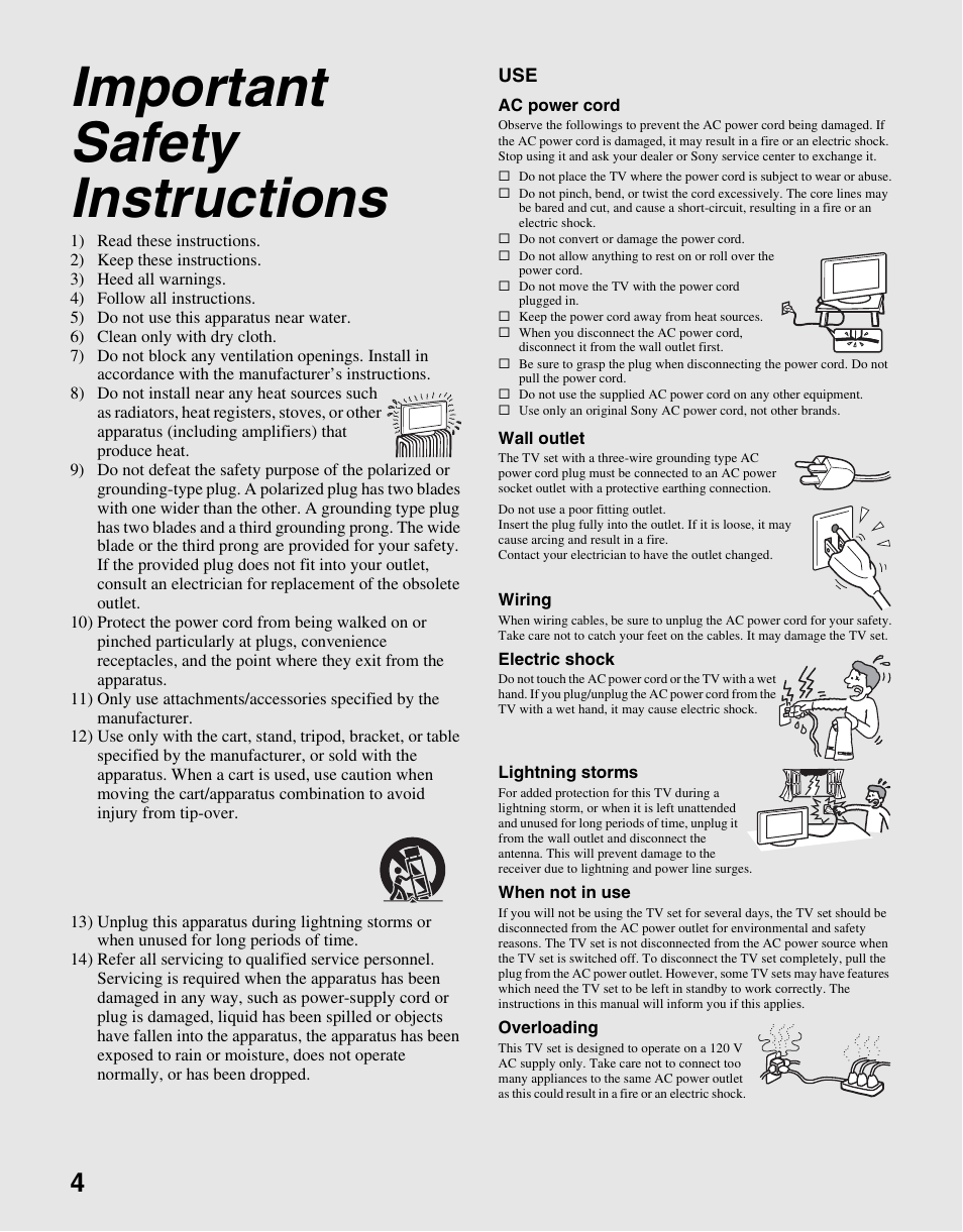 Important safety instructions | Sony KDL-70XBR3 User Manual | Page 4 / 56