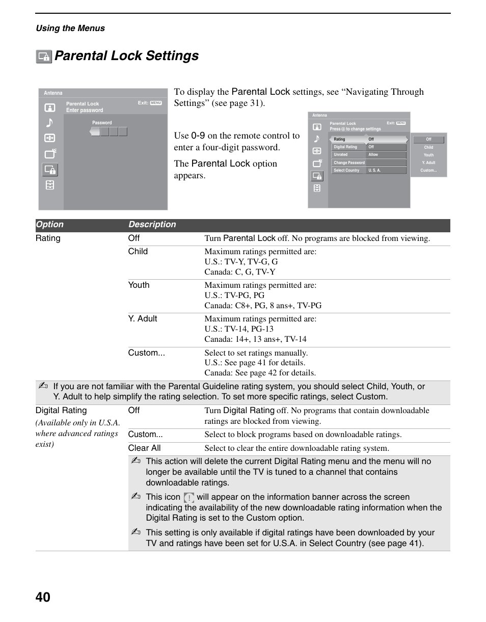 Parental lock settings, 40 parental lock settings | Sony KDL-70XBR3 User Manual | Page 40 / 56