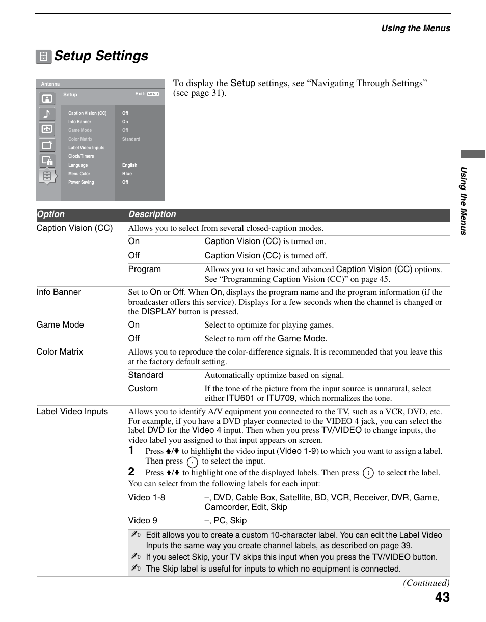 Setup settings | Sony KDL-70XBR3 User Manual | Page 43 / 56