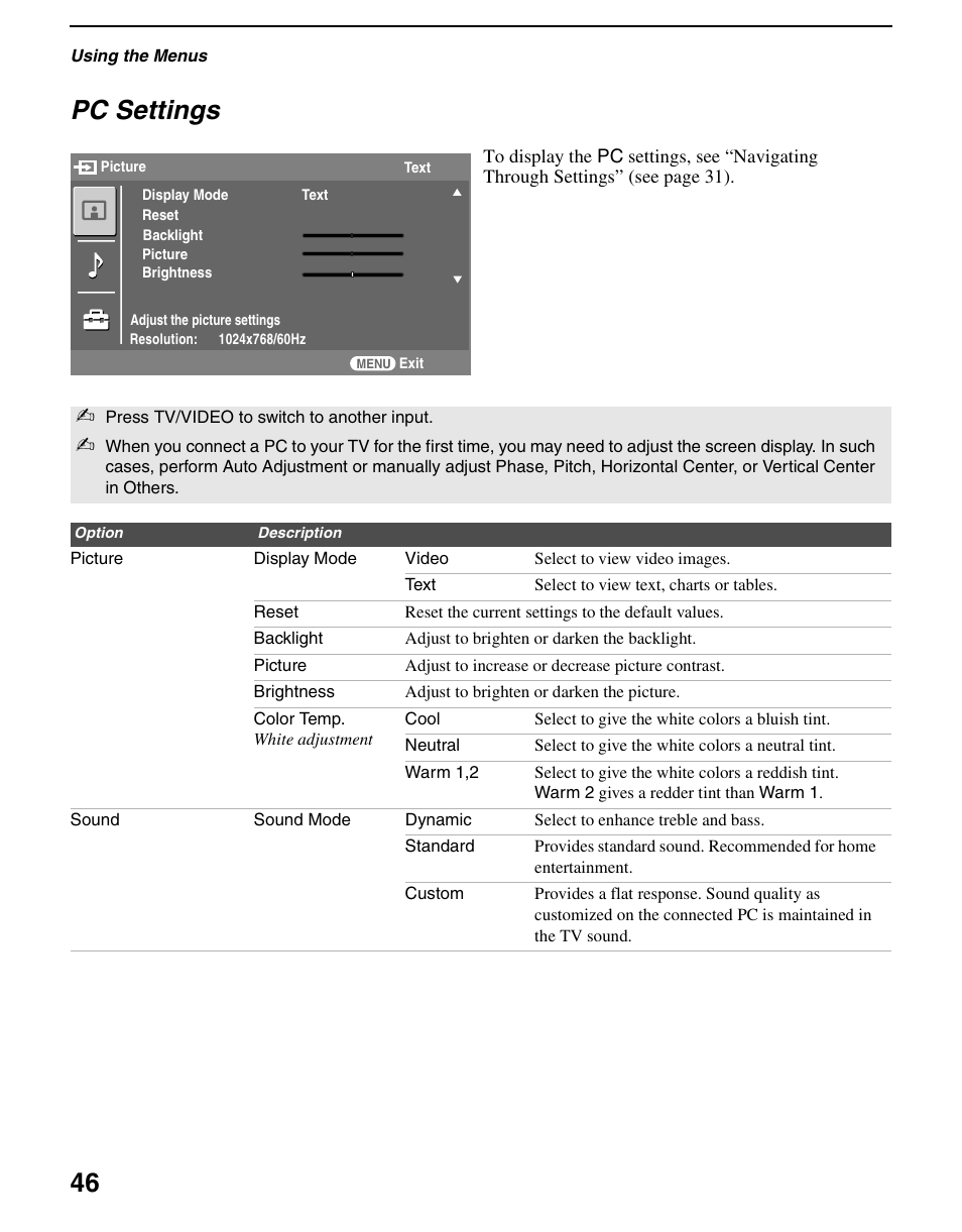 Pc settings, 46 pc settings | Sony KDL-70XBR3 User Manual | Page 46 / 56