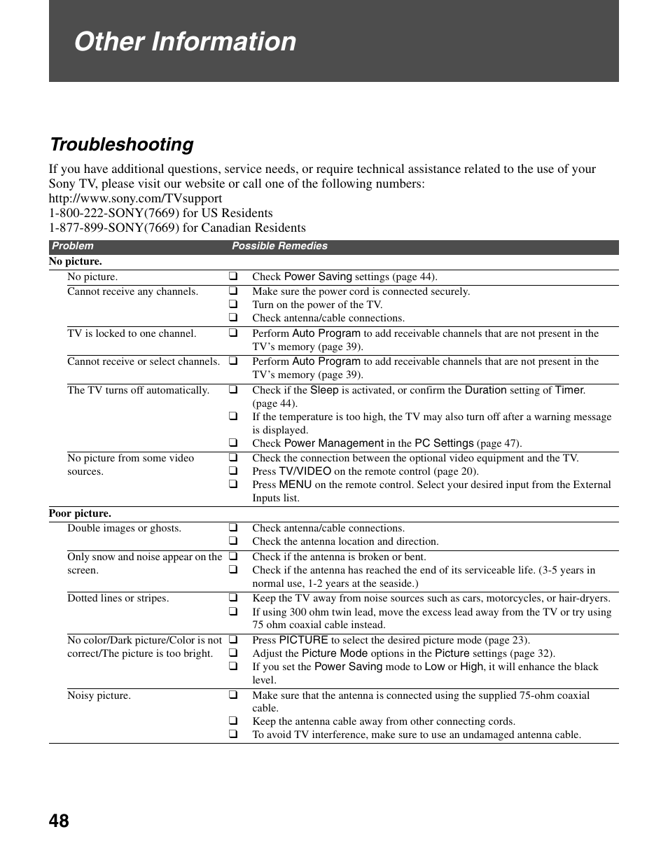 Other information, Troubleshooting | Sony KDL-70XBR3 User Manual | Page 48 / 56