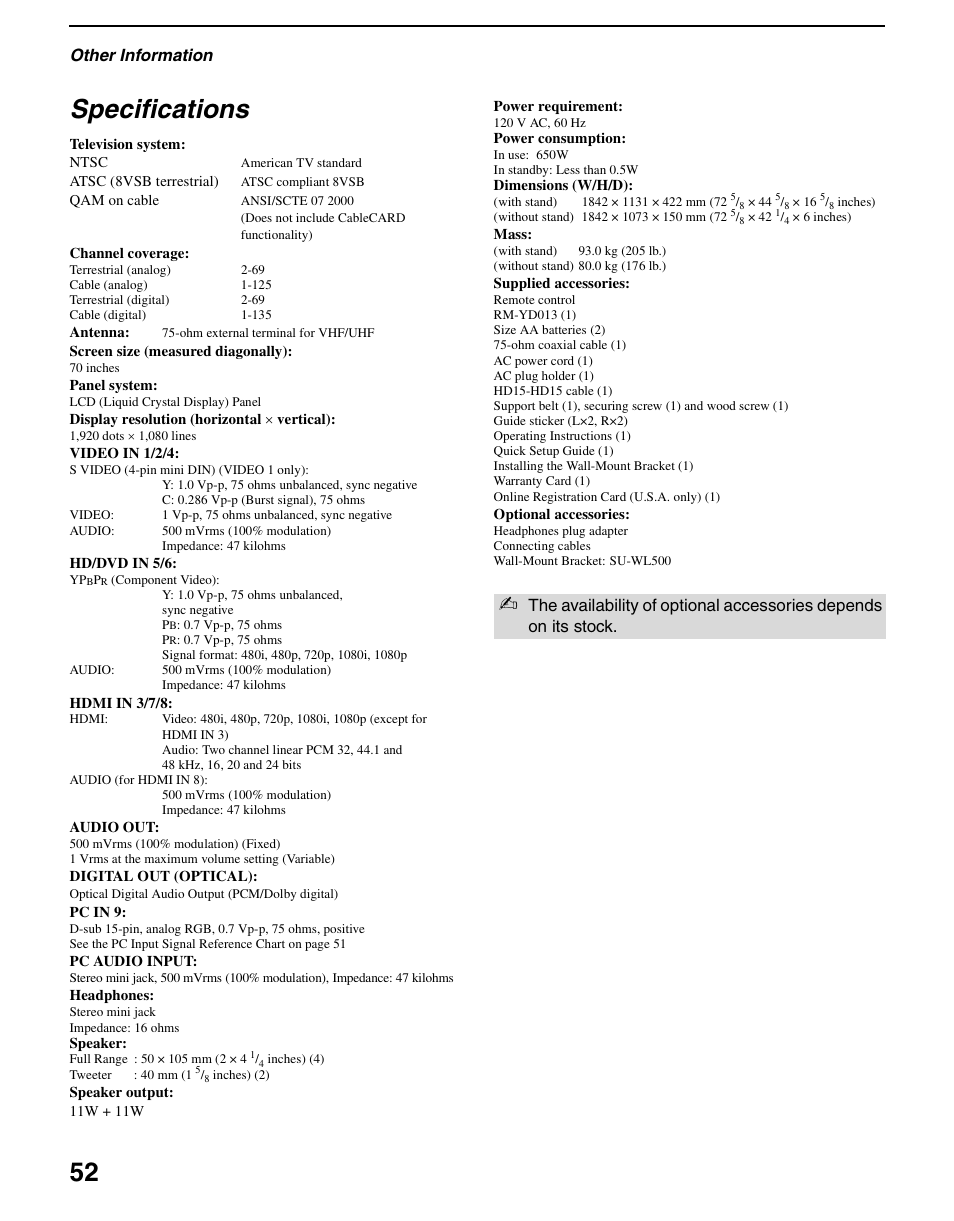 Specifications, 52 specifications, Other information | Sony KDL-70XBR3 User Manual | Page 52 / 56