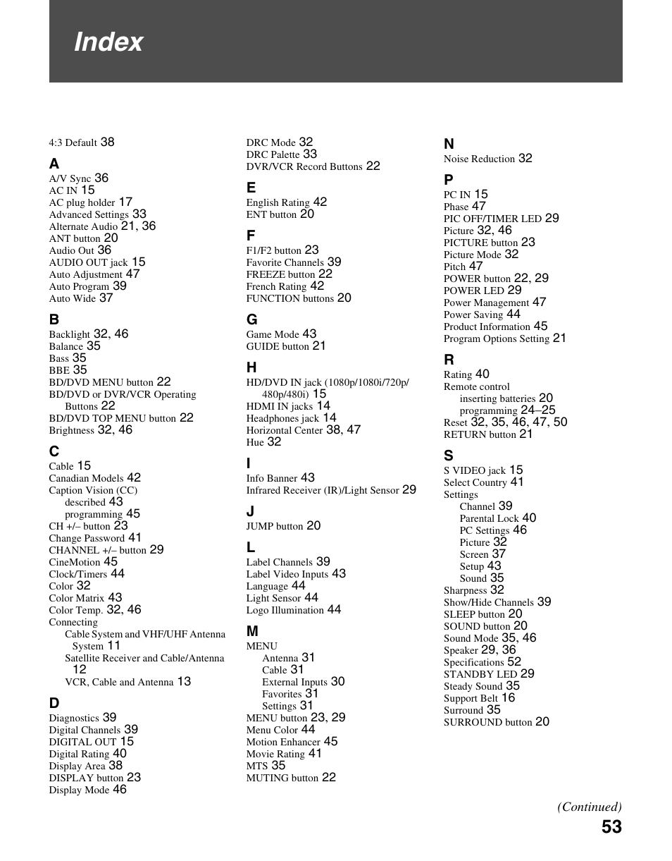 Index | Sony KDL-70XBR3 User Manual | Page 53 / 56