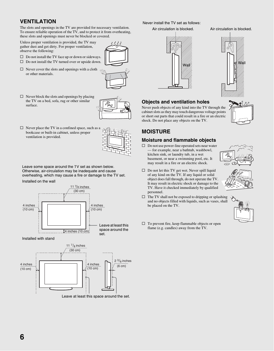 Ventilation, Moisture, Objects and ventilation holes | Moisture and flammable objects | Sony KDL-70XBR3 User Manual | Page 6 / 56