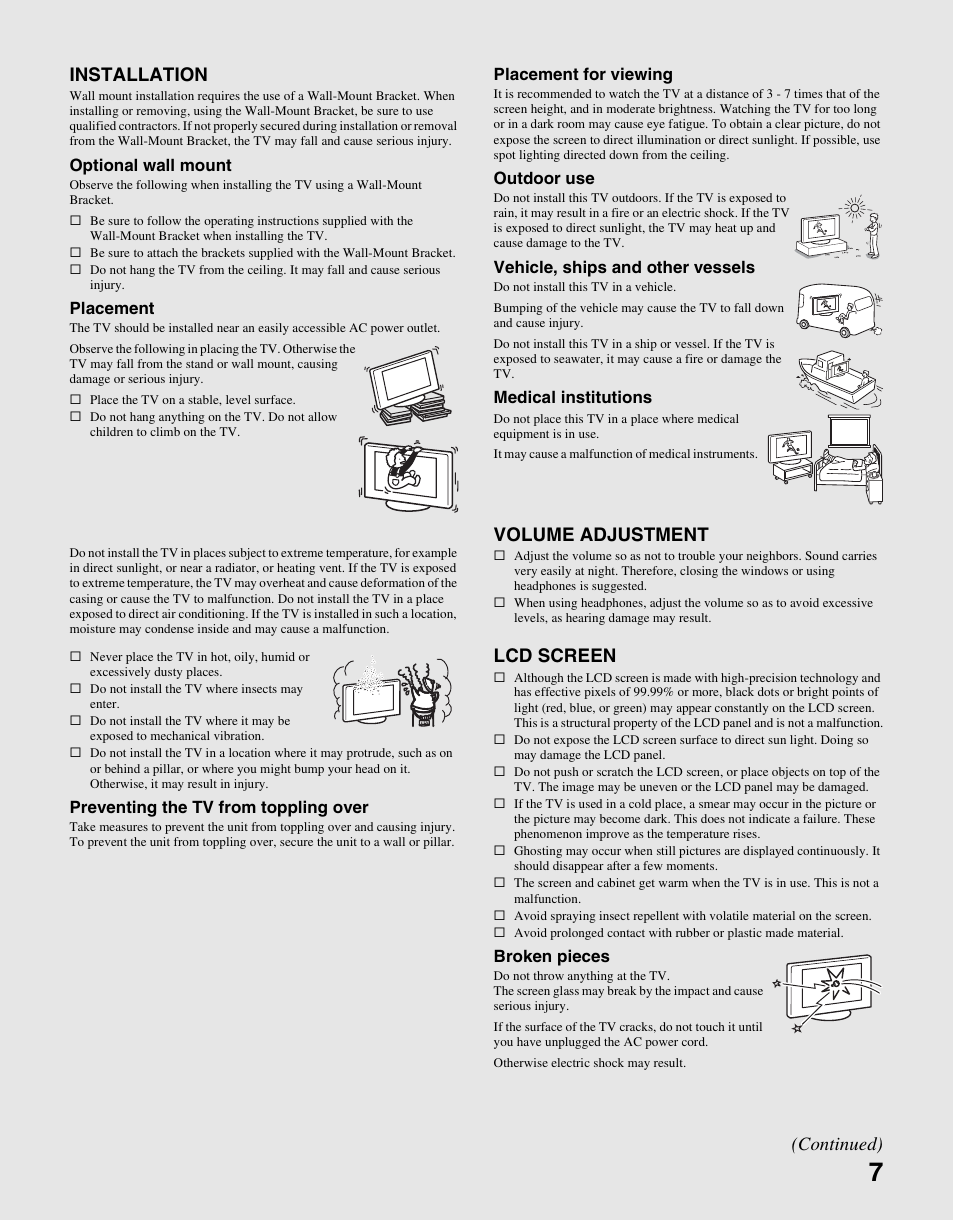 Installation, Volume adjustment, Lcd screen | Continued) | Sony KDL-70XBR3 User Manual | Page 7 / 56
