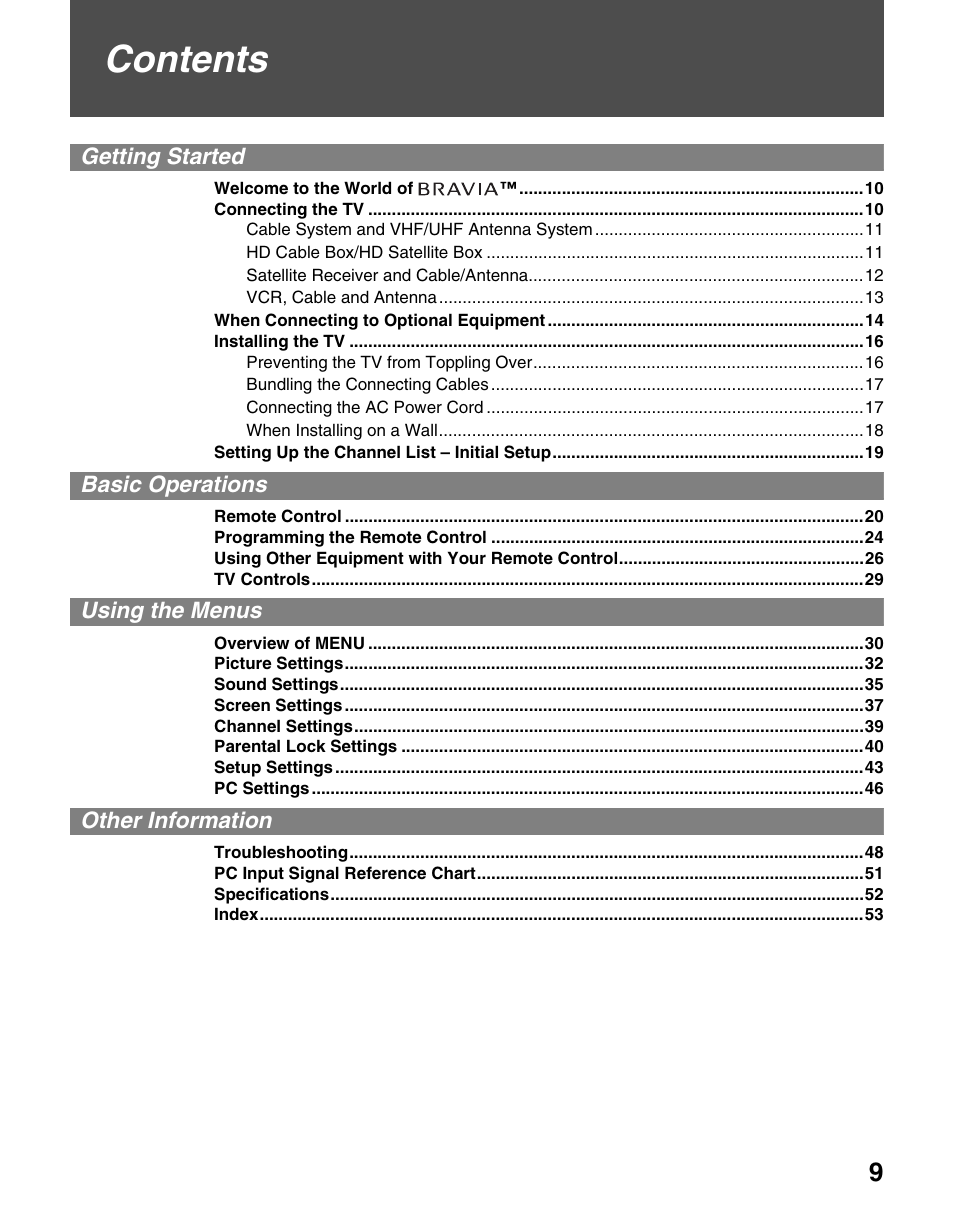 Sony KDL-70XBR3 User Manual | Page 9 / 56