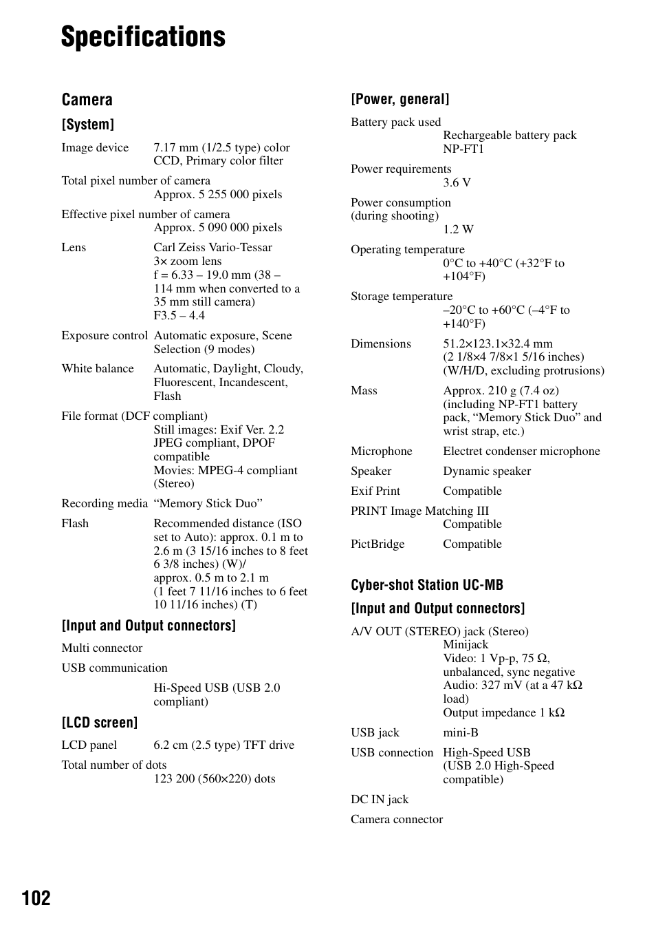 Specifications, Camera | Sony DSC-M2 User Manual | Page 102 / 107