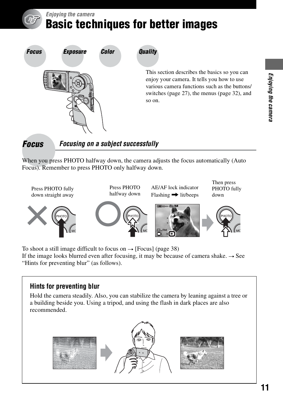 Enjoying the camera, Basic techniques for better images, Focus | Focusing on a subject successfully, Hints for preventing blur | Sony DSC-M2 User Manual | Page 11 / 107