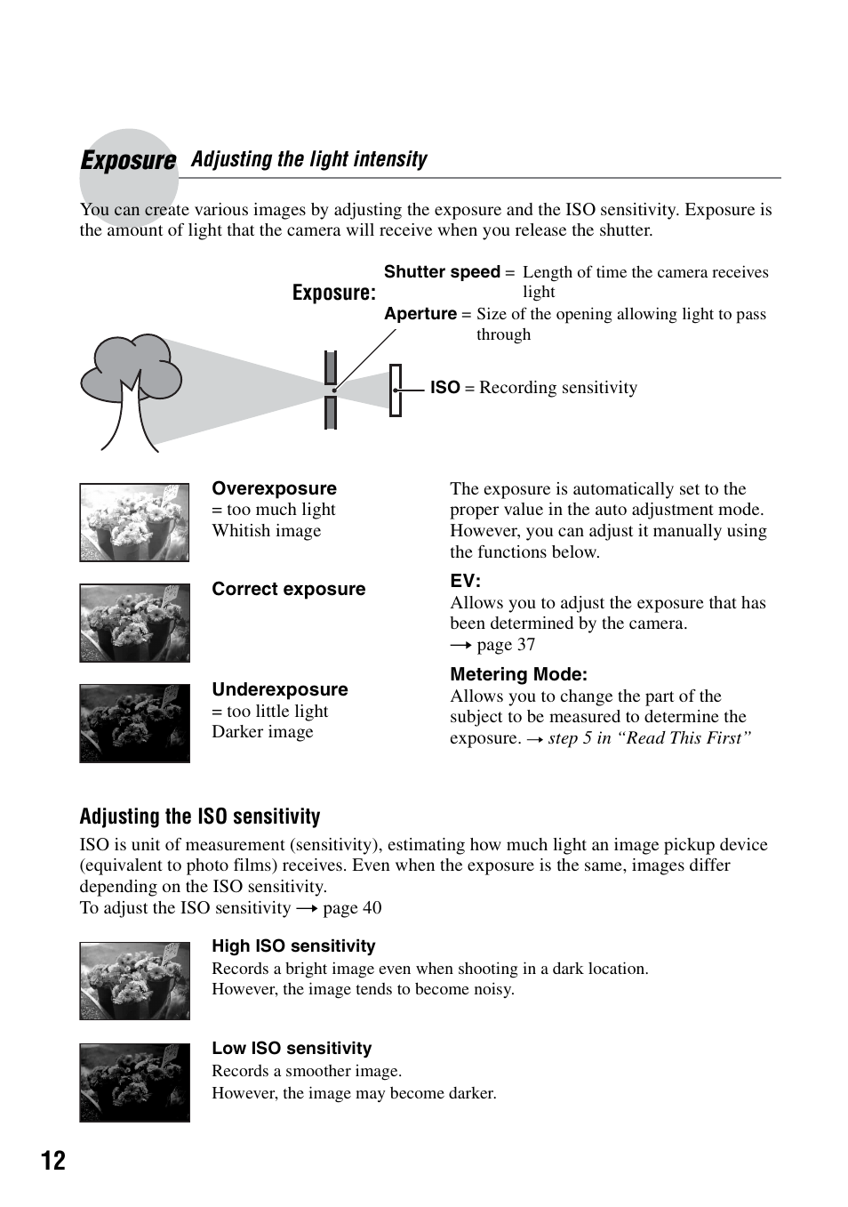 Exposure, Adjusting the light intensity | Sony DSC-M2 User Manual | Page 12 / 107