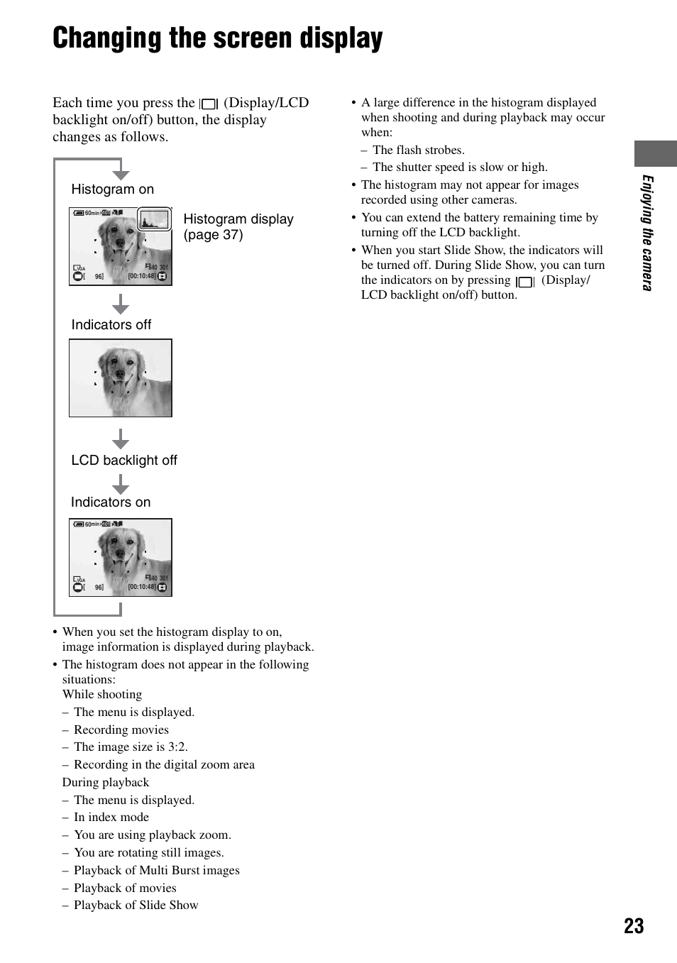 Changing the screen display, On (23) | Sony DSC-M2 User Manual | Page 23 / 107