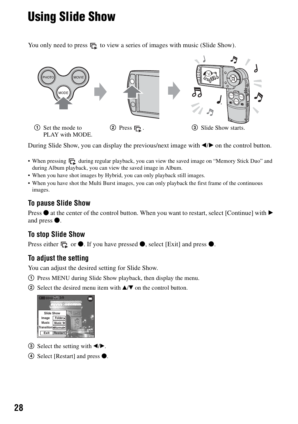 Using slide show, On (28), You can adjust the desired setting for slide show | Sony DSC-M2 User Manual | Page 28 / 107