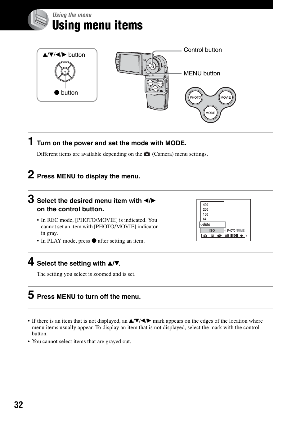 Using the menu, Using menu items | Sony DSC-M2 User Manual | Page 32 / 107