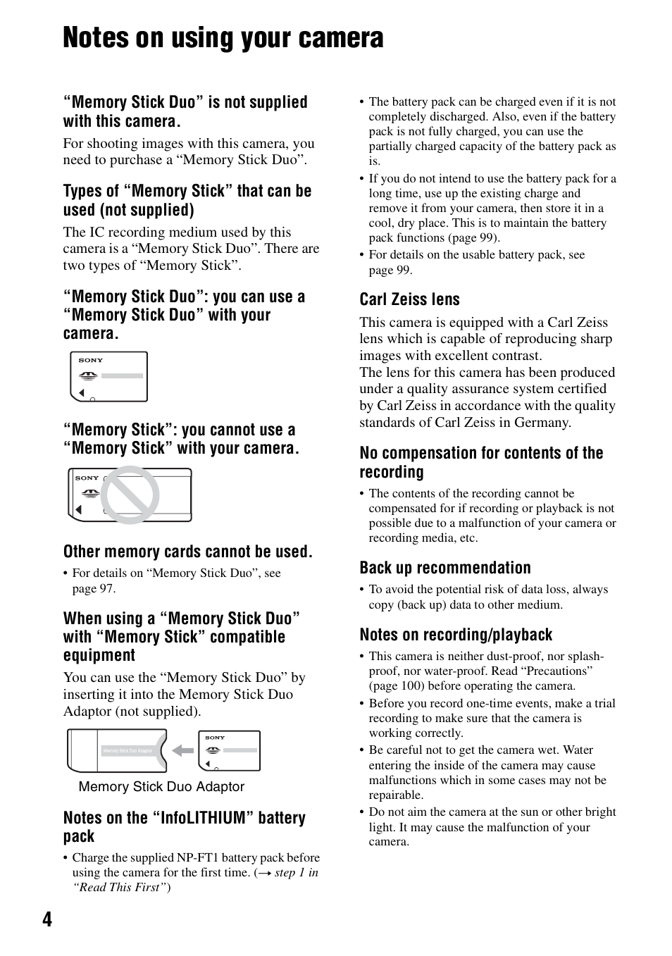 Notes on using your camera | Sony DSC-M2 User Manual | Page 4 / 107