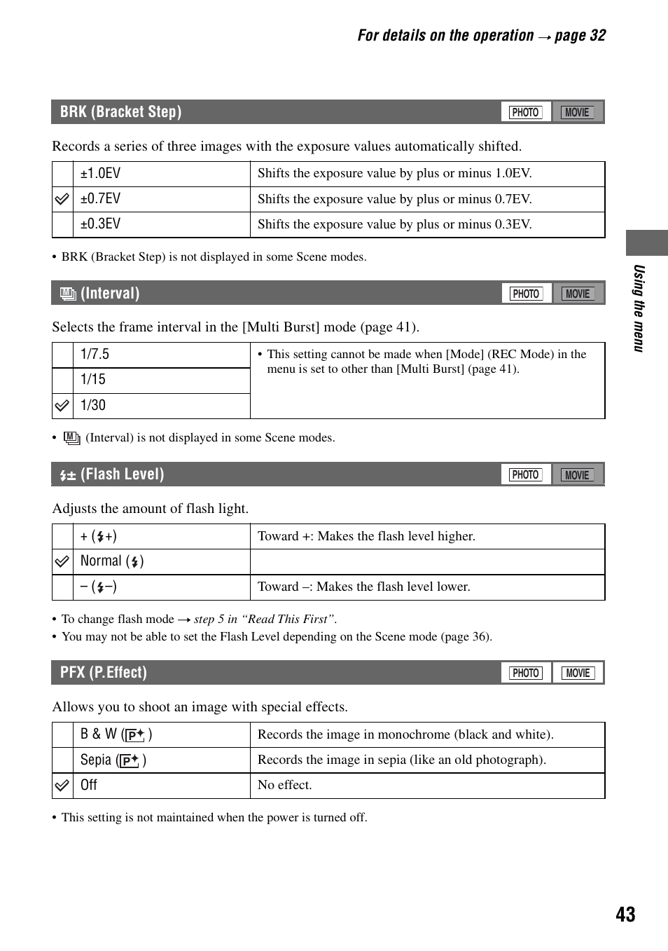 Brk (bracket step), Interval), Flash level) | Pfx (p.effect), Interval) (flash level) | Sony DSC-M2 User Manual | Page 43 / 107