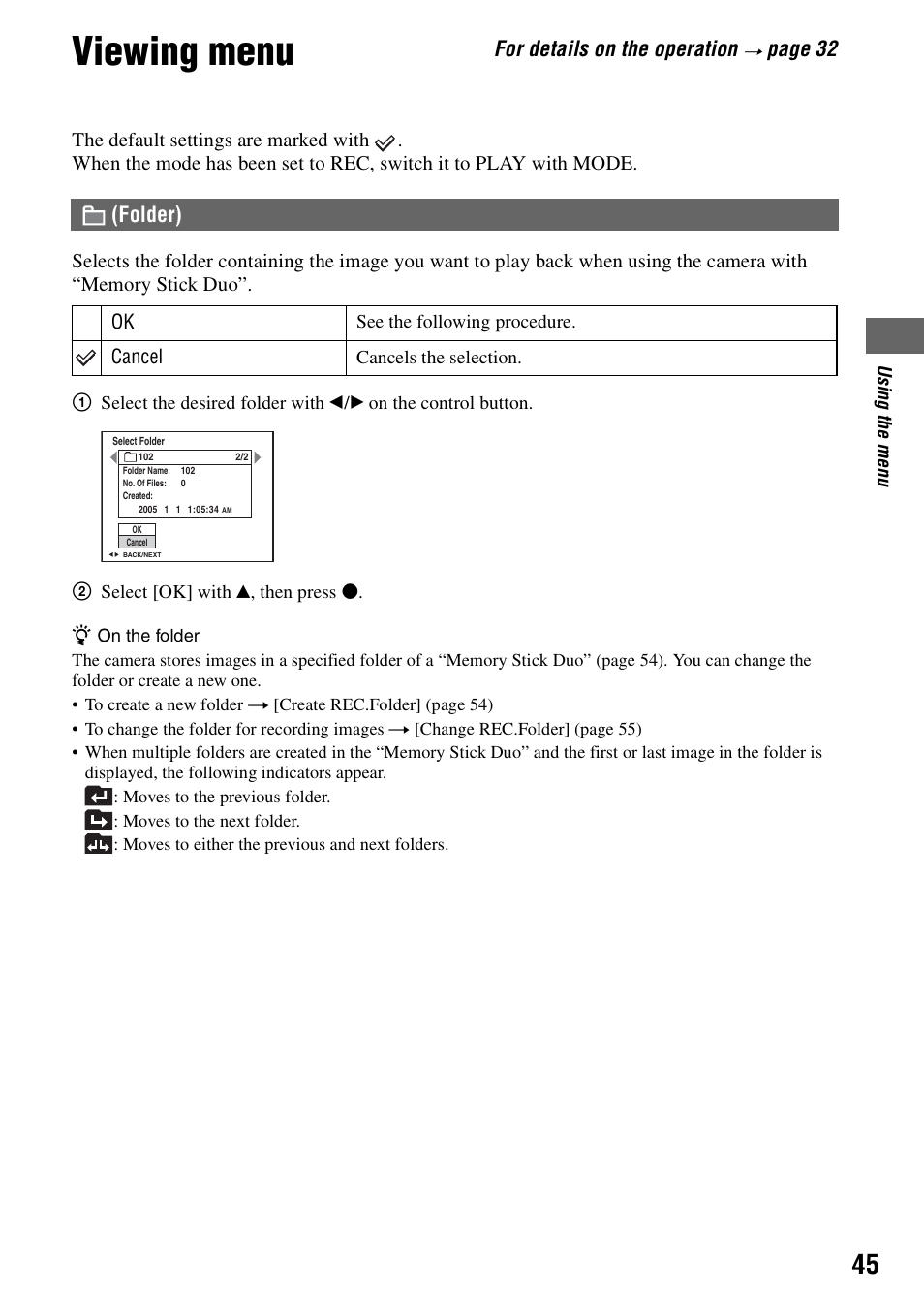 Viewing menu, Folder), For details on the operation | Pa ge 32 | Sony DSC-M2 User Manual | Page 45 / 107