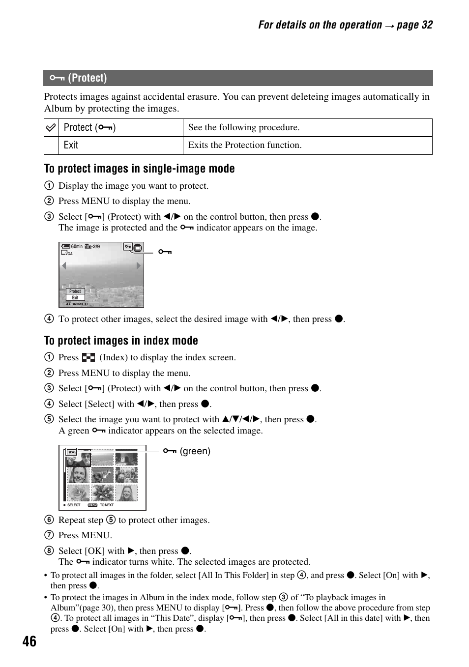 Protect), T (46), For details on the operation | Page 32 | Sony DSC-M2 User Manual | Page 46 / 107