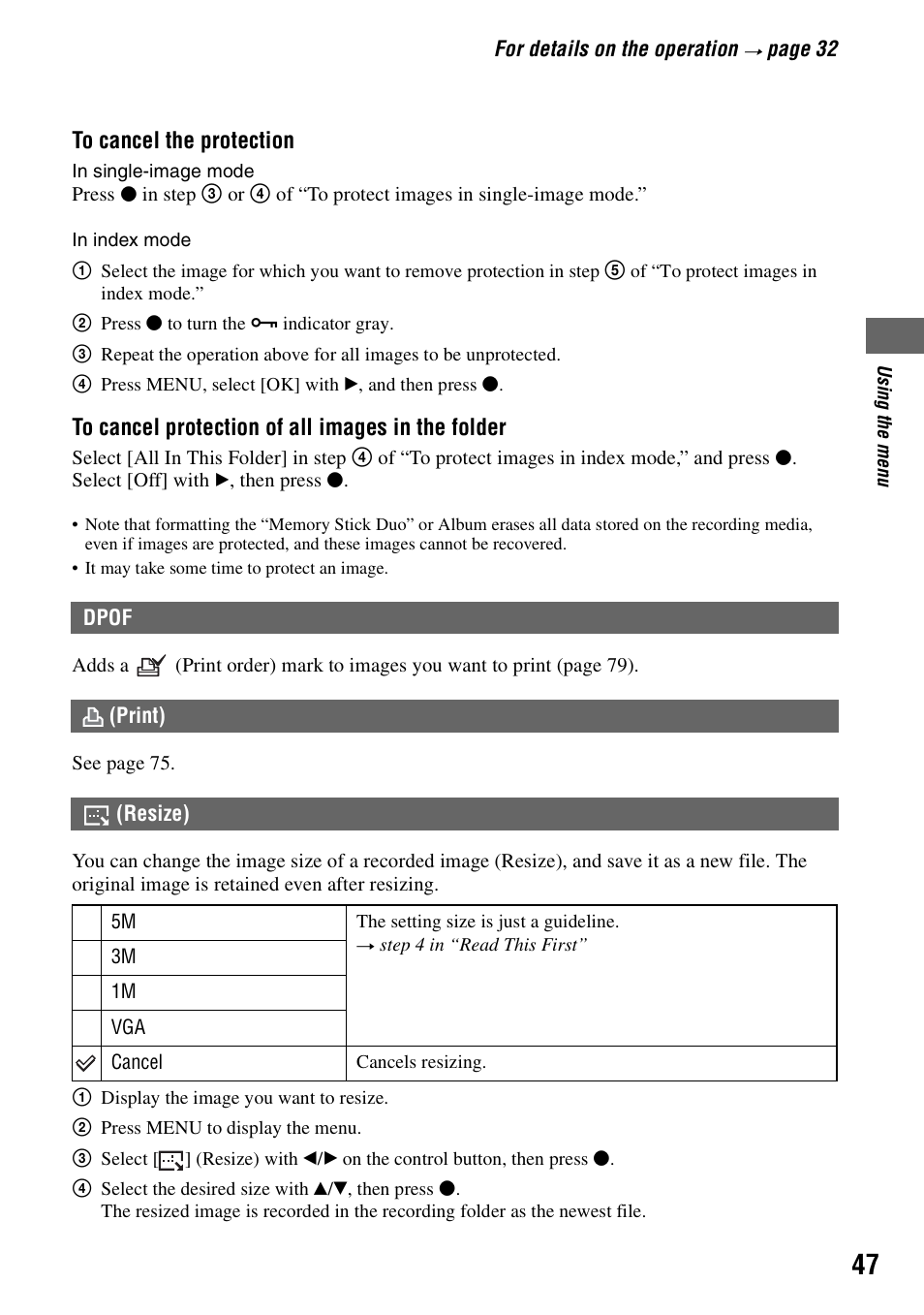 Dpof, Print), Resize) | Sony DSC-M2 User Manual | Page 47 / 107