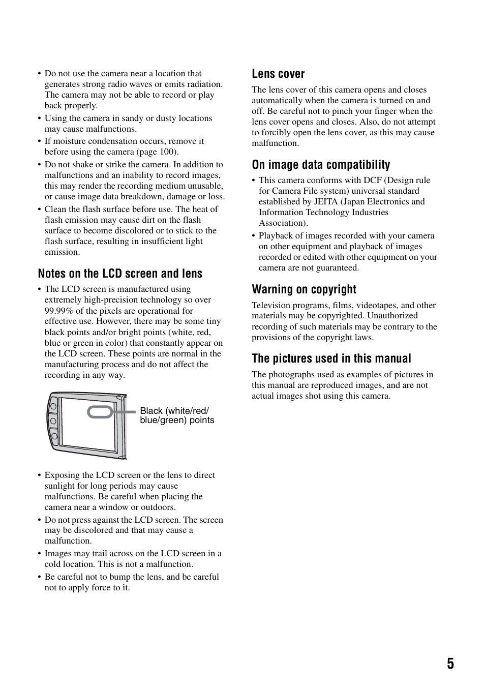 Lens cover, On image data compatibility, Warning on copyright | The pictures used in this manual | Sony DSC-M2 User Manual | Page 5 / 107