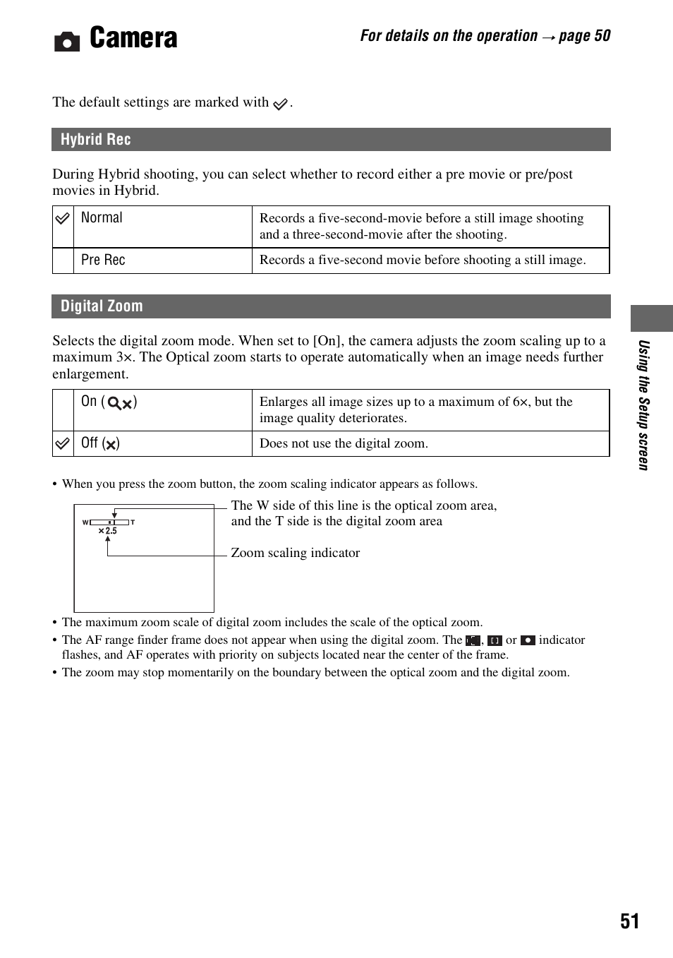 Camera, Hybrid rec, Digital zoom | Hybrid rec digital zoom | Sony DSC-M2 User Manual | Page 51 / 107