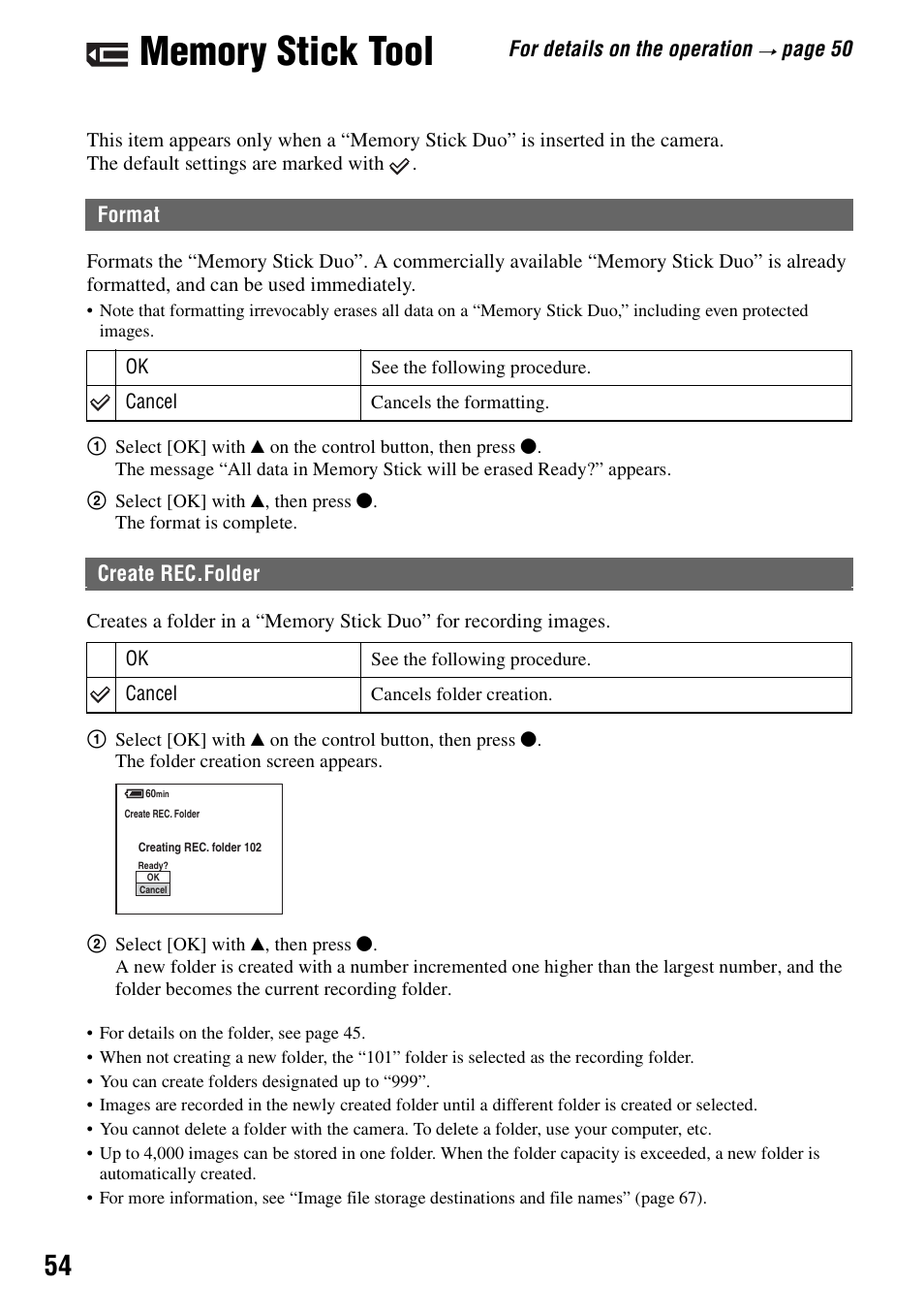 Memory stick tool, Format, Create rec.folder | Format create rec.folder, For details on the operation, Page 50 | Sony DSC-M2 User Manual | Page 54 / 107