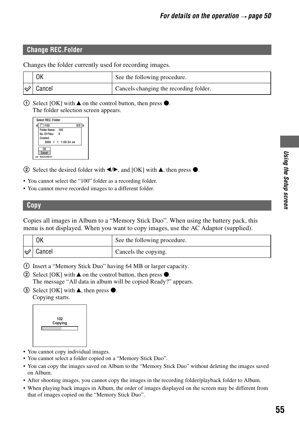 Change rec.folder, Copy, Change rec.folder copy | For details on the operation, Pa ge 50 | Sony DSC-M2 User Manual | Page 55 / 107
