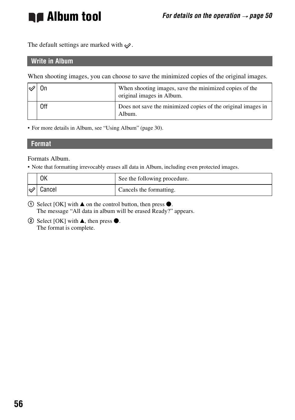 Album tool, Write in album, Format | Write in album format | Sony DSC-M2 User Manual | Page 56 / 107