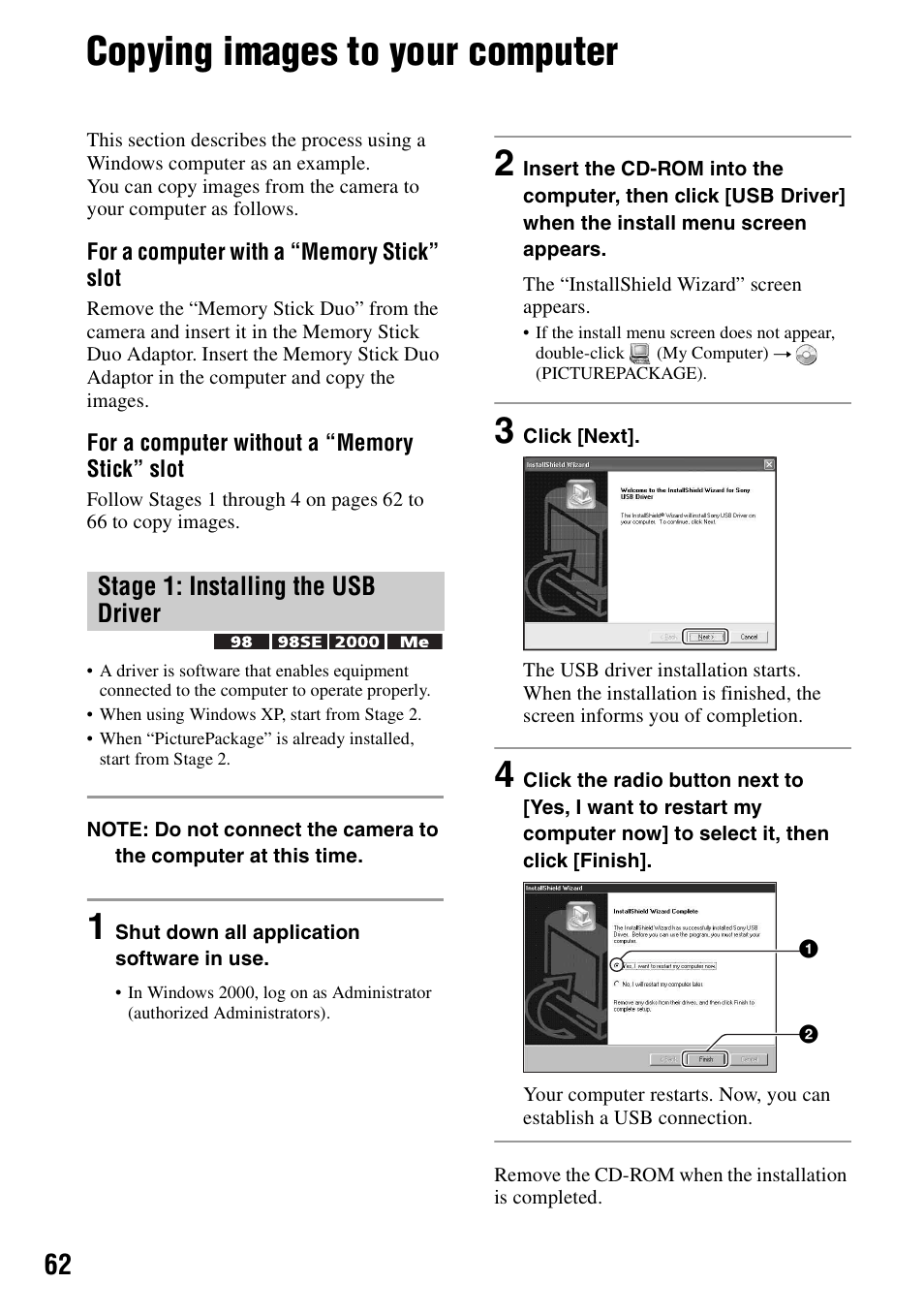 Copying images to your computer, Stage 1: installing the usb driver | Sony DSC-M2 User Manual | Page 62 / 107