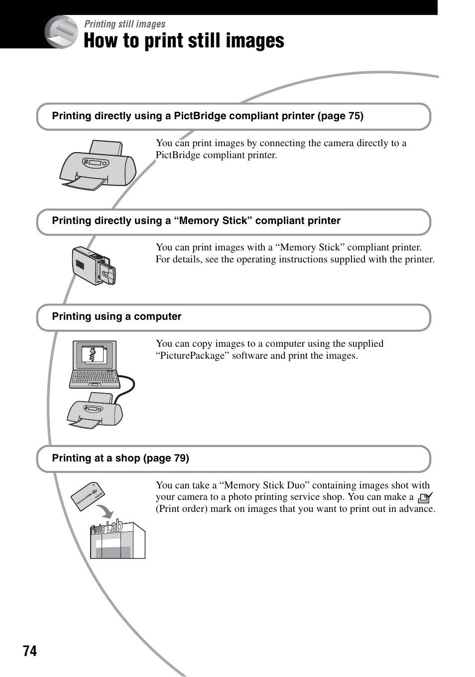 Printing still images, How to print still images | Sony DSC-M2 User Manual | Page 74 / 107