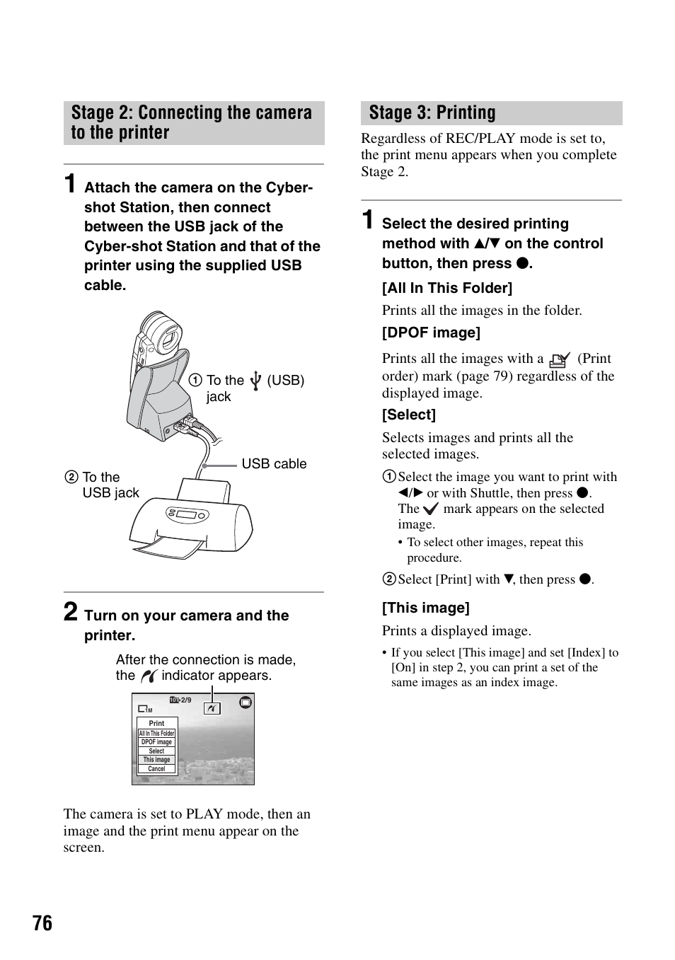 Nd 76), Stage 2: connecting the camera to the printer, Stage 3: printing | Sony DSC-M2 User Manual | Page 76 / 107