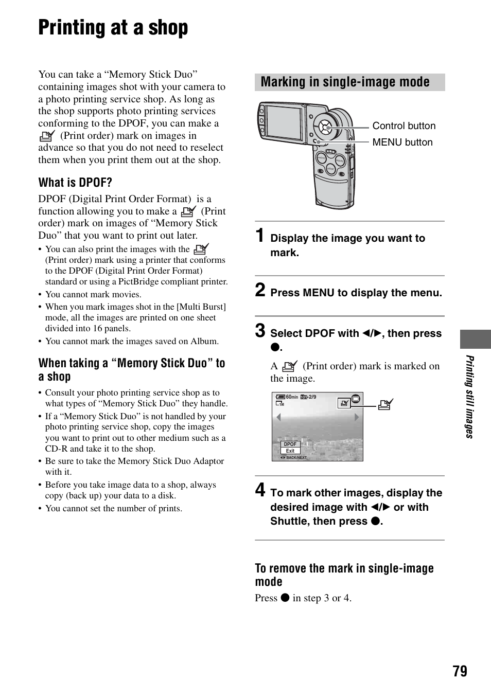 Printing at a shop, Marking in single-image mode, What is dpof | Sony DSC-M2 User Manual | Page 79 / 107