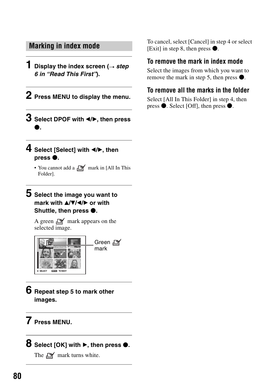 Marking in index mode | Sony DSC-M2 User Manual | Page 80 / 107