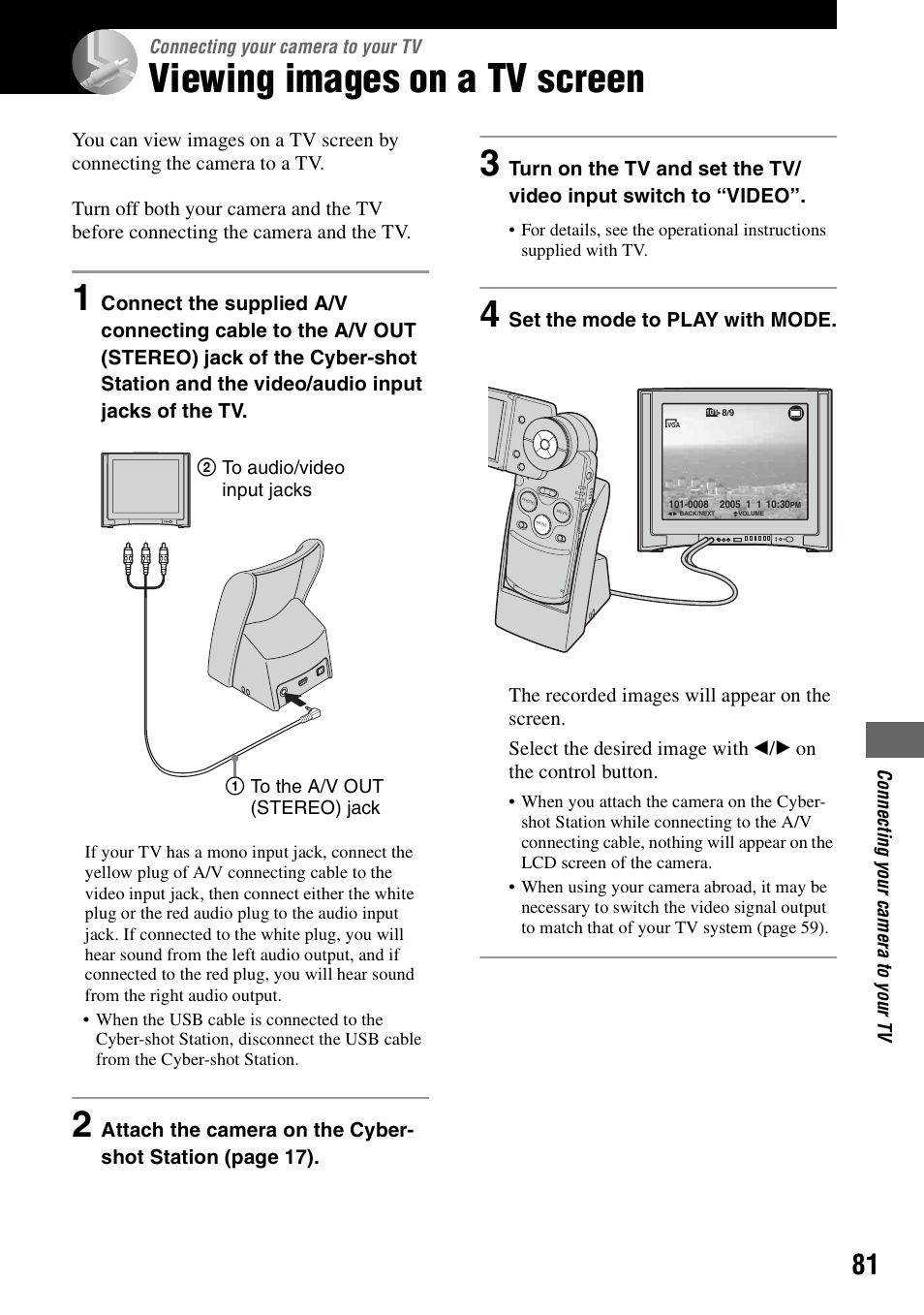 Connecting your camera to your tv, Viewing images on a tv screen | Sony DSC-M2 User Manual | Page 81 / 107
