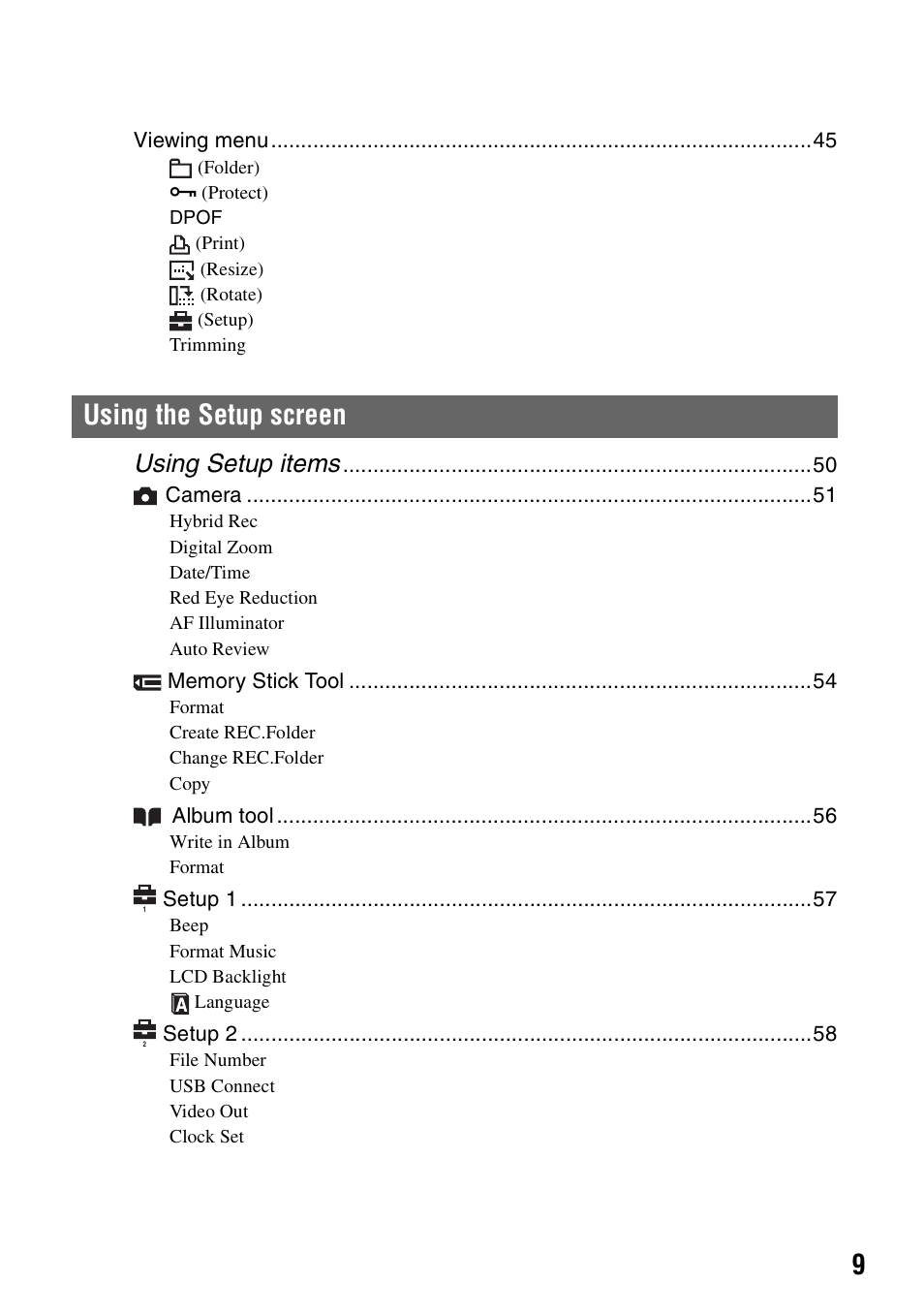 Using the setup screen, Using setup items | Sony DSC-M2 User Manual | Page 9 / 107