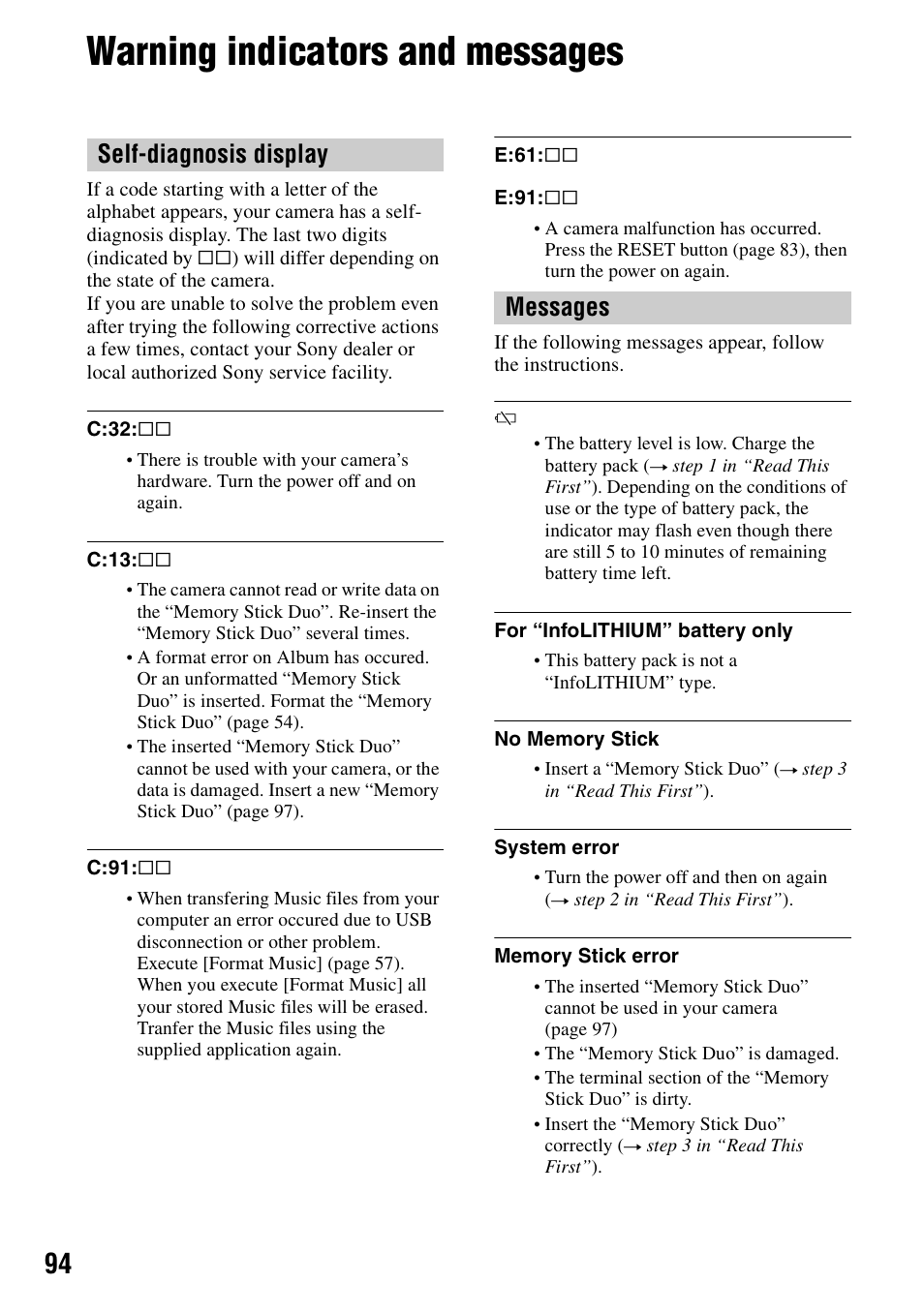 Warning indicators and messages, Y (94), Self-diagnosis display messages | Sony DSC-M2 User Manual | Page 94 / 107