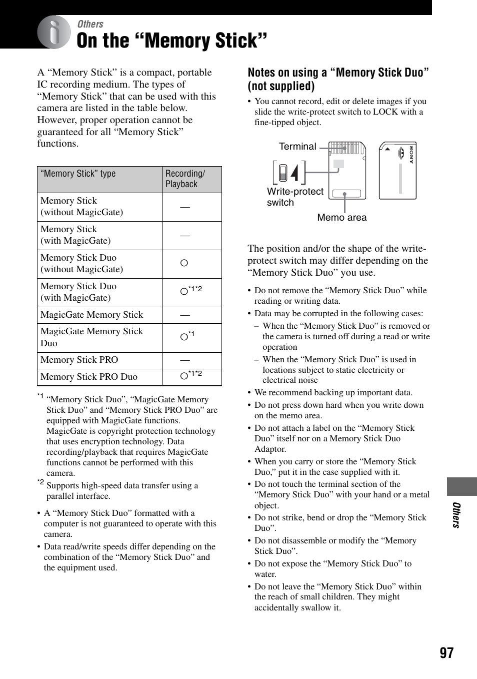 Others, On the “memory stick | Sony DSC-M2 User Manual | Page 97 / 107