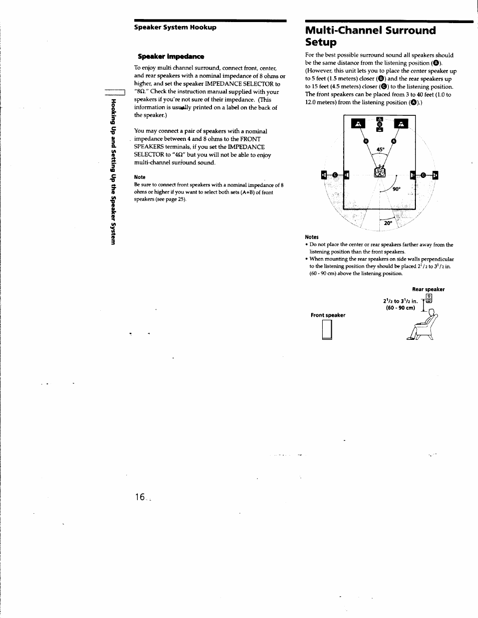 Speaker impedance, Multi-channel surround setup | Sony STR-DE825 User Manual | Page 16 / 56