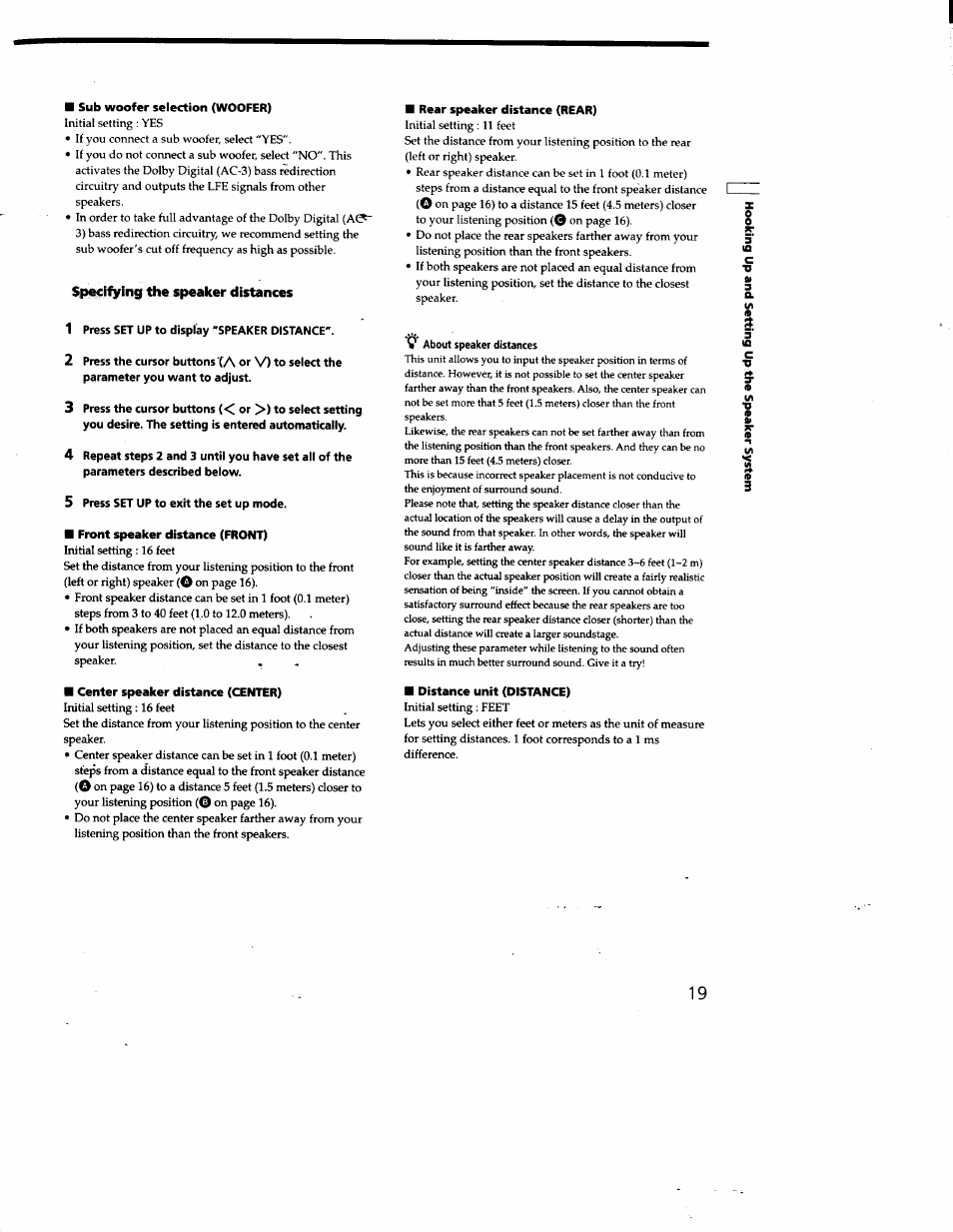 Sub woofer selection (woofer), Specifying the speaker distances, 1 press set up to display "speaker distance | 5 press set up to exit the set up mode, Front speaker distance (front), Rear speaker distance (rear), Center speaker distance (center), Distance unit (distance) | Sony STR-DE825 User Manual | Page 19 / 56